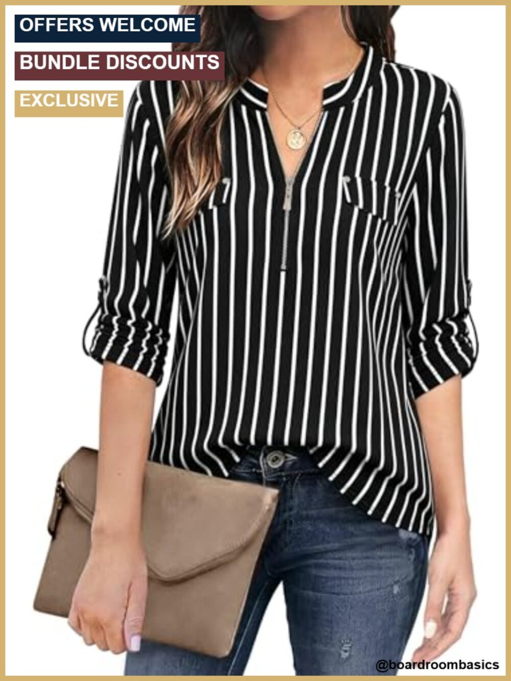 Women's 3/4 Sleeve Plaid Zip V-Neck Tunic Blouse